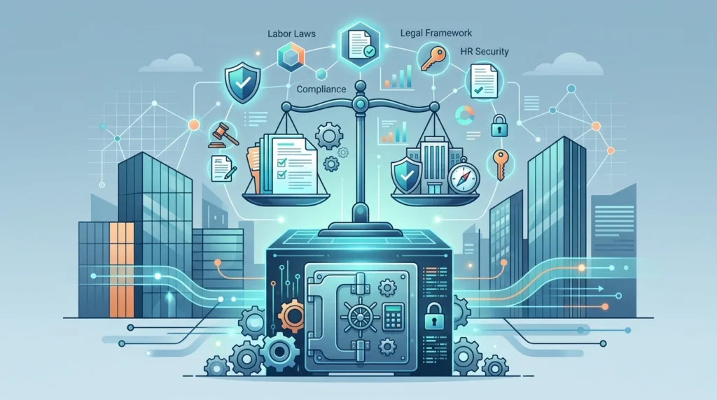 Vector illustration of a balance scale atop a digital safe, surrounded by icons for Labor Laws, Legal Framework, and HR Security against a modern city skyline