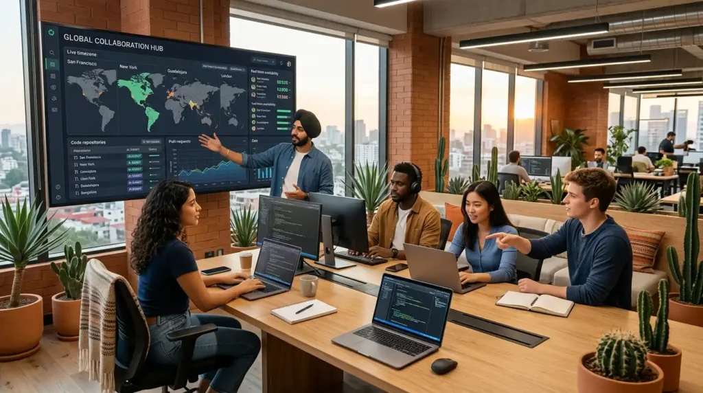 Working professionals teaming up in a gobal collaboration hub