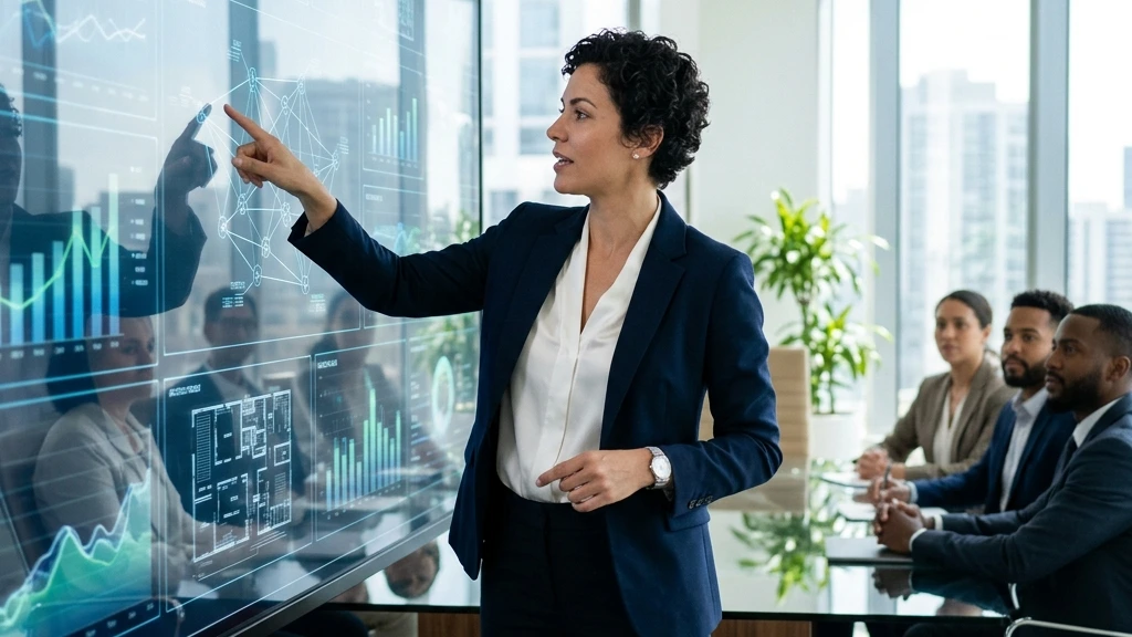 A proactive, confident executive assistant leading a presentation and managing complex operational workflows on a futuristic digital board.