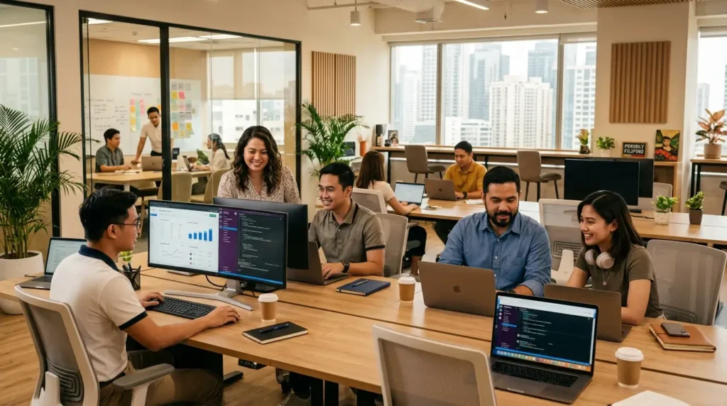 A diverse team of Filipino professionals working on laptops and monitors in a modern, open-plan office with high-rise views.