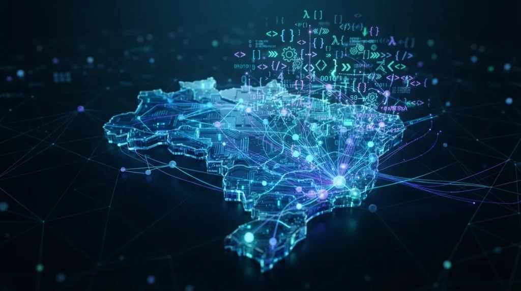 A glowing digital map of Brazil with interconnected data nodes, representing the country's advanced Java and data science talent network