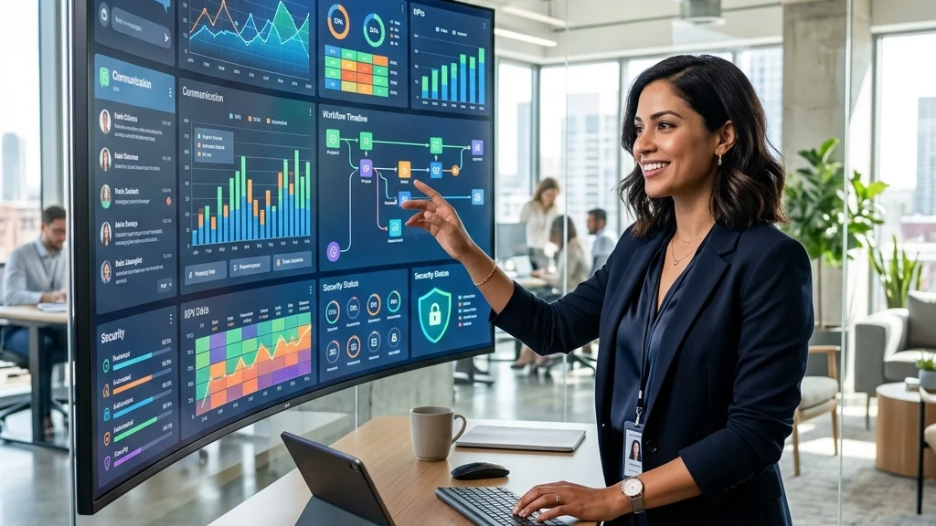 A premium, autonomous virtual assistant confidently managing a complex digital dashboard with high-level analytics and automated workflows in a modern office.
