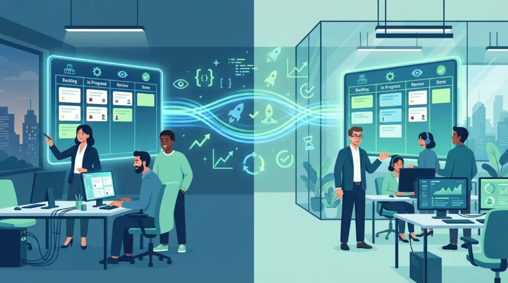 Software engineers collaborating seamlessly in real-time on a digital agile board, illustrating the benefits of nearshore outsourcing to Mexico