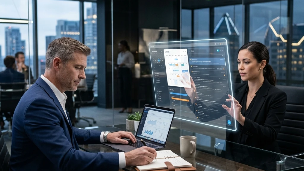 A focused executive working calmly while a skilled virtual assistant seamlessly manages digital calendars and emails on a transparent futuristic display.