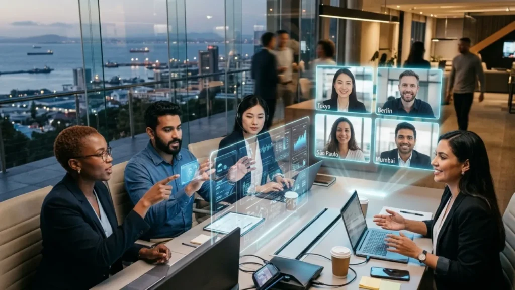 A diverse group of remote professionals collaborating effectively through digital screens.