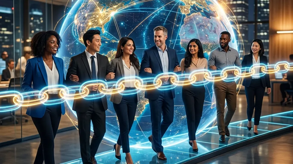 A glowing, unbroken chain connecting diverse professionals across a digital globe, symbolizing long-term stability and reduced turnover