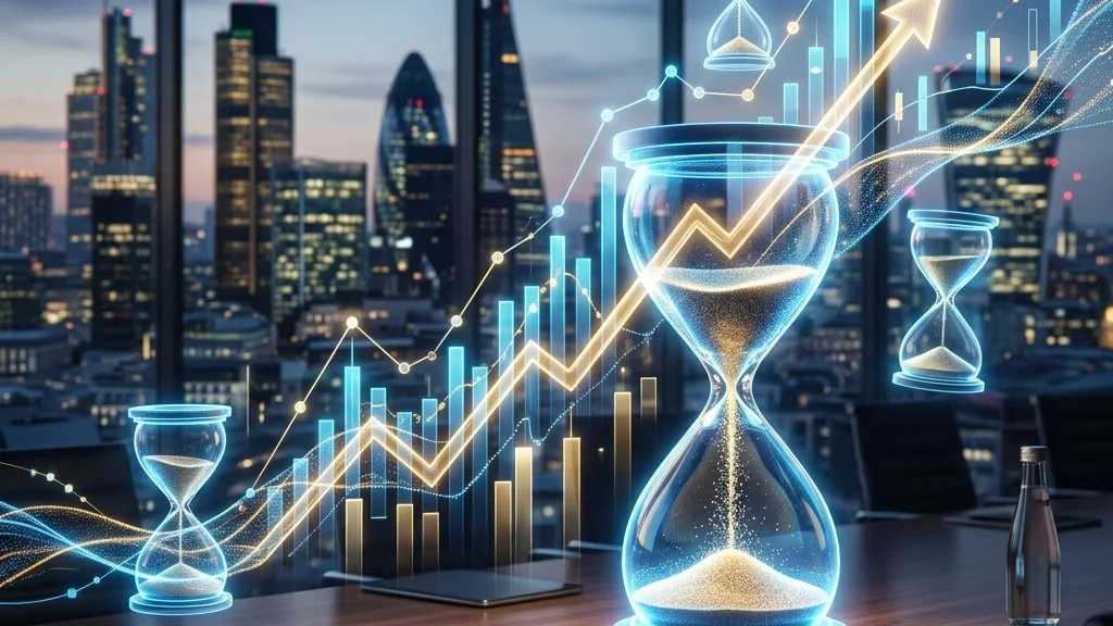 A glowing abstract upward financial chart intersecting with digital hourglasses, representing the high return on investment of executive time.