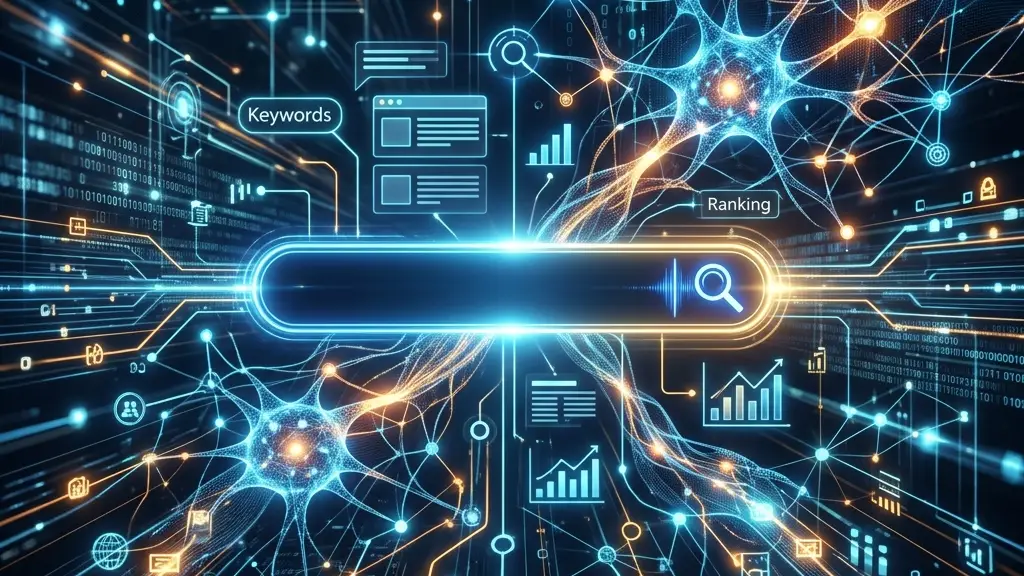 A search engine interface blending seamlessly with futuristic AI neural networks and data automation streams, symbolizing SEO in the age of AI.