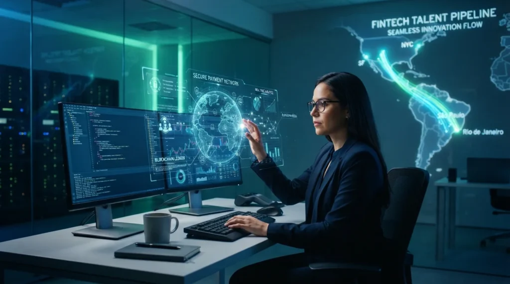 A Brazilian woman sitting at a desk operating a high-tech computer interface displaying data analytics, deep learning models, and a global connection map.