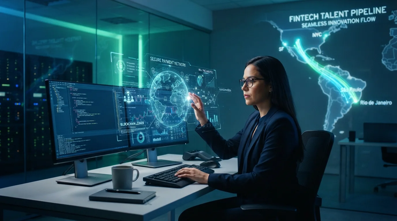 A Brazilian woman sitting at a desk operating a high-tech computer interface displaying data analytics, deep learning models, and a global connection map.
