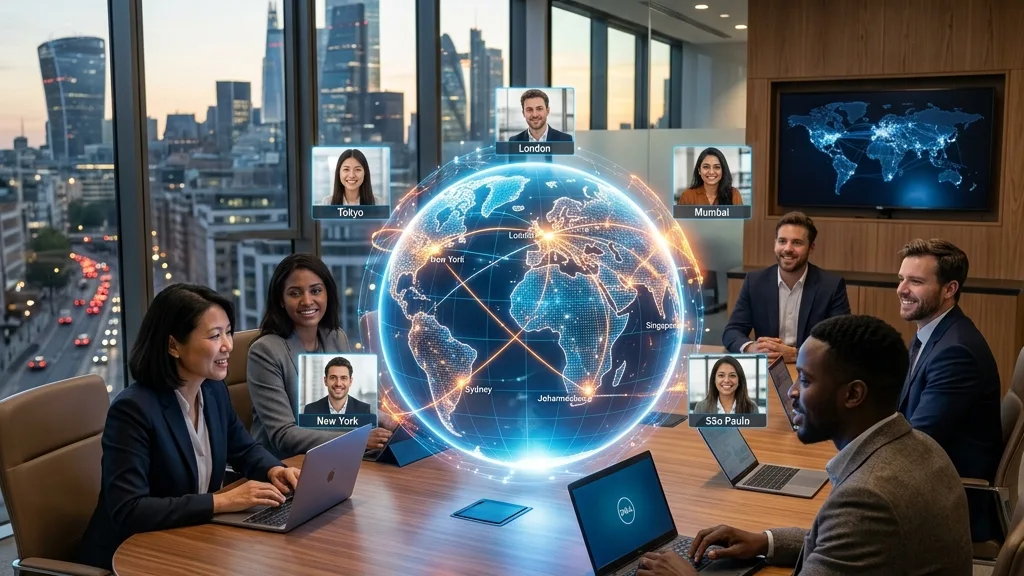 A glowing interactive digital globe in a modern boardroom, illustrating seamless global collaboration and remote offshore teamwork.