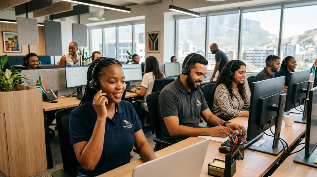 Customer support professionals wearing headsets and working on computers in a bright, modern office with South African flags and mountain views