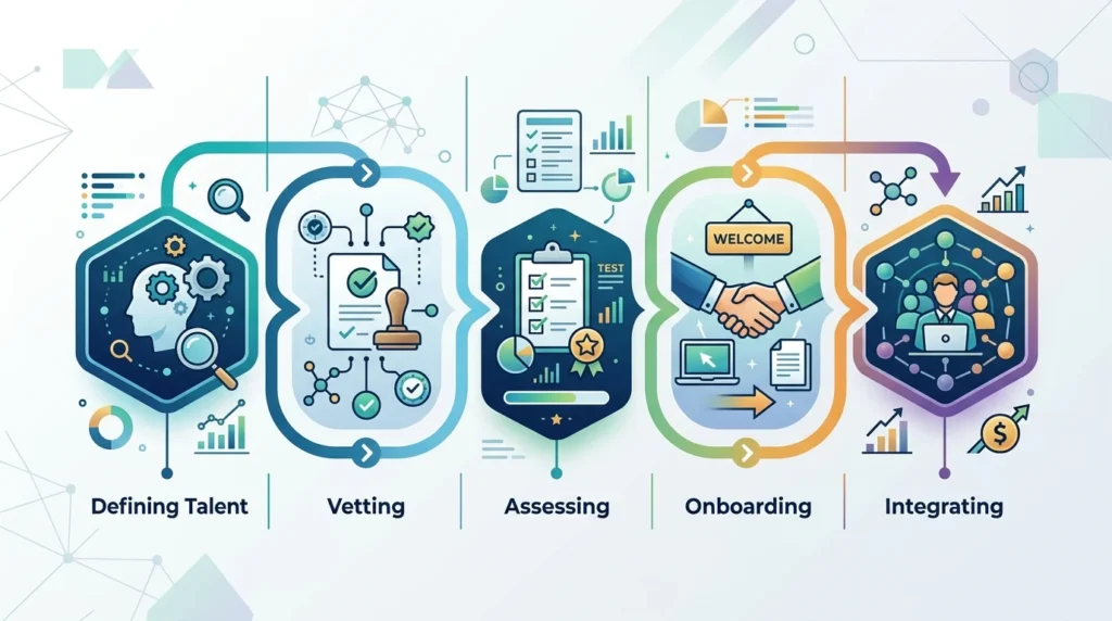 A step-by-step recruitment roadmap graphic outlining five stages: Defining Talent, Vetting, Assessing, Onboarding, and Integrating.
