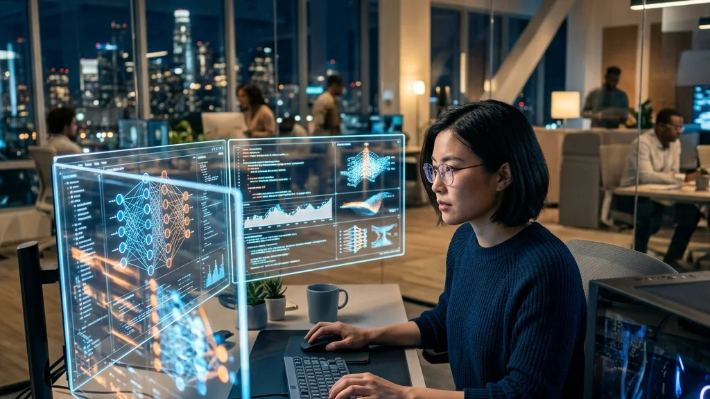 A diverse, modern software engineer intensely focused on complex machine learning data models on futuristic transparent screens.