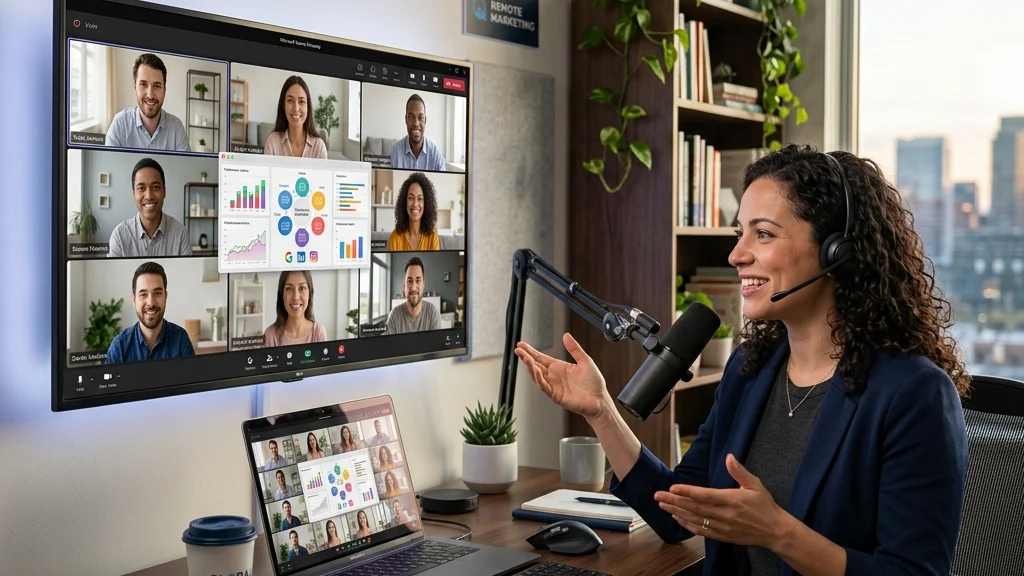A confident remote digital marketing manager leading a synchronized video conference with diverse freelance specialists, displaying a unified strategy.