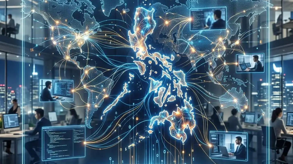 A digital map of the Philippines seamlessly integrating with advanced AI neural networks and global data streams, representing AI-augmented remote staff
