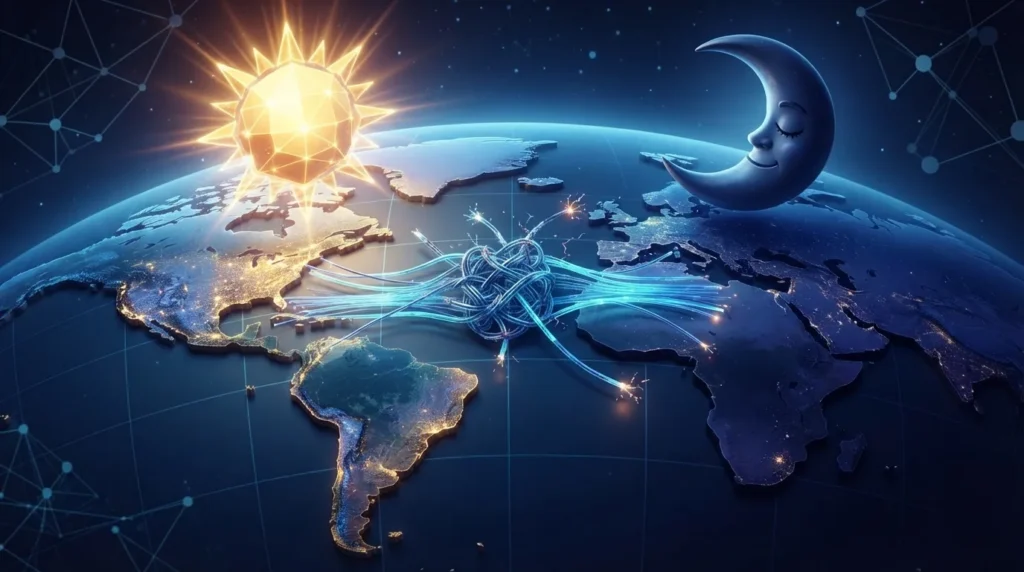 An illustration of Earth showing a geometric sun over the Americas and a sleeping moon over Europe and Africa, connected by glowing blue data cables that form a tangled knot over the Atlantic Ocean.