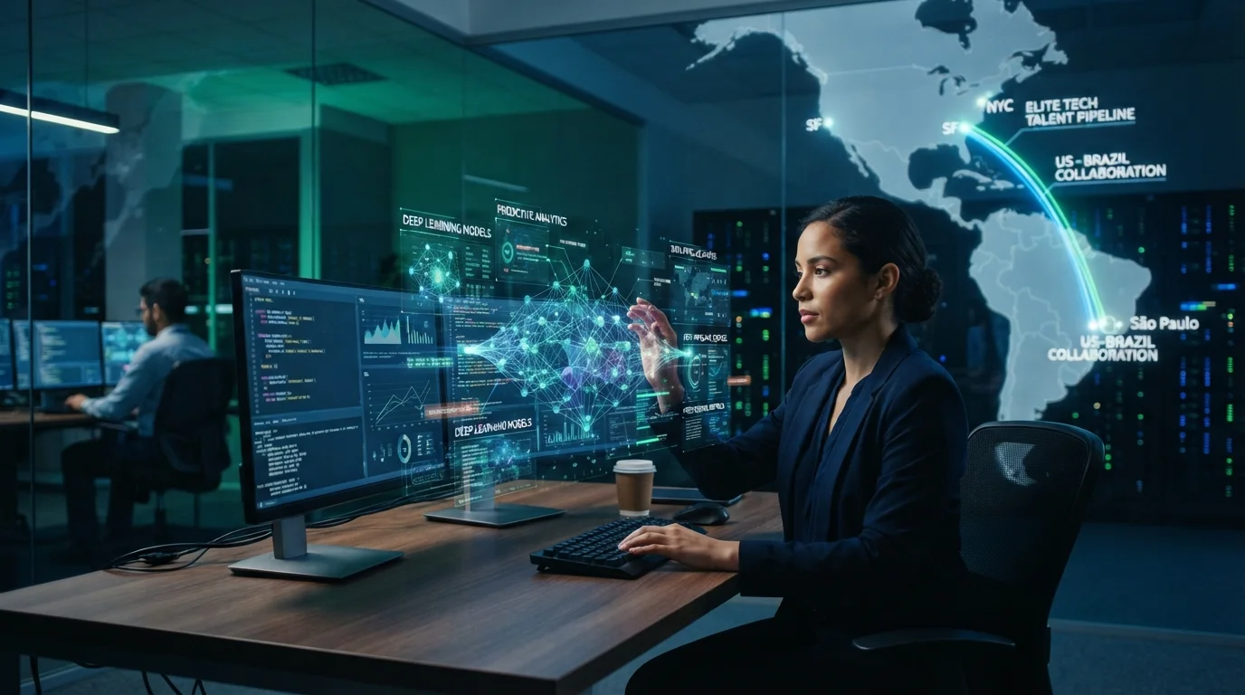 A woman sitting at a desk operating a high-tech computer interface displaying data analytics, deep learning models, and a global connection map