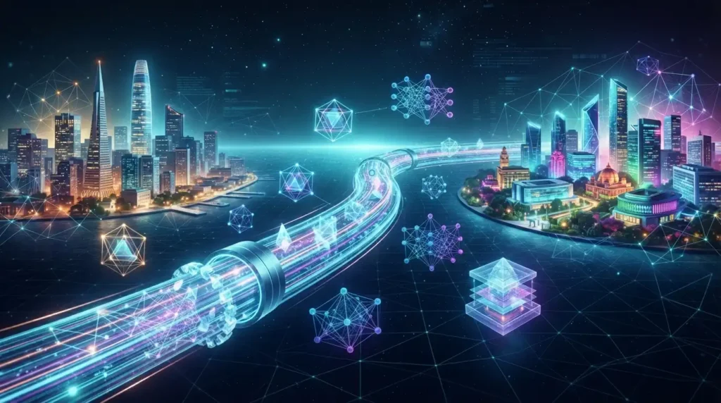 A glowing digital data pipeline connecting the United States and India, representing seamless cross-border AI and machine learning talent integration