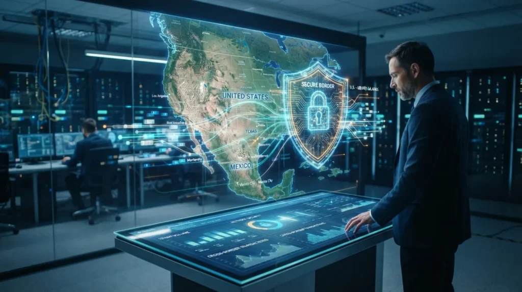 A businessman in a high-tech control room analyzing a futuristic, glowing holographic map of North America overlaid with a digital padlock shield labeled "SECURE BORDER".
