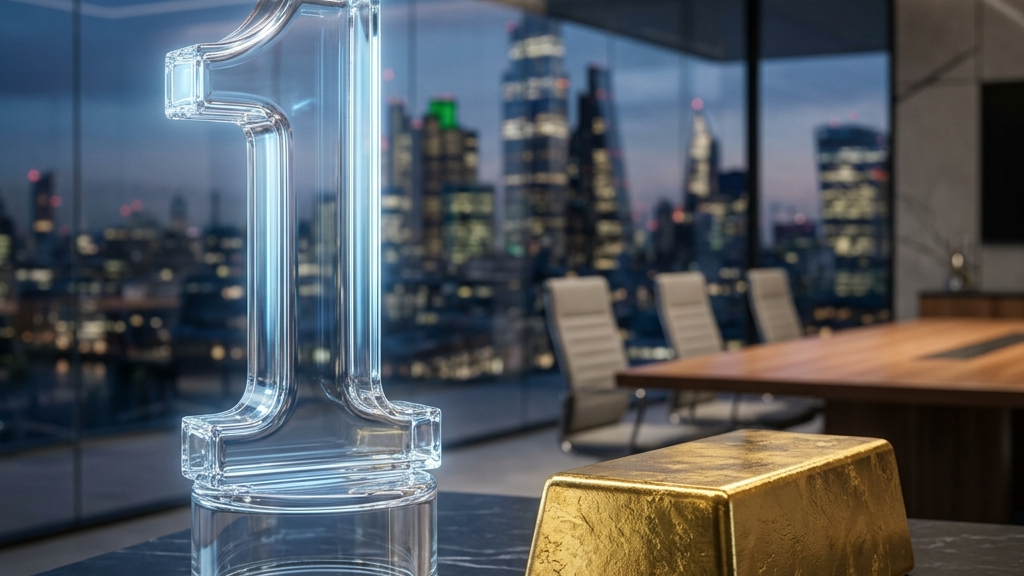 A clear glass sculpture of the number "1" sits next to a gold ingot on a desk inside a modern high-rise office overlooking a city skyline at dusk.