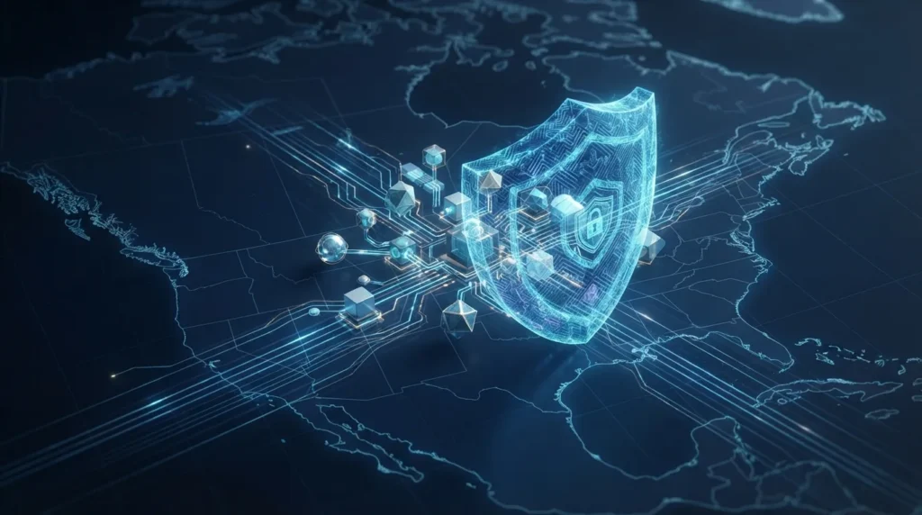 A glowing 3D digital shield with a padlock icon on a futuristic blue world map, centered over North America with glowing circuit lines.