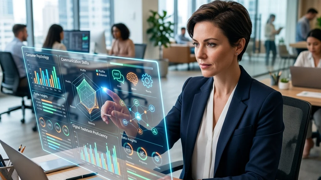 A modern hiring manager reviewing a glowing, transparent digital dashboard to evaluate a candidate's consumer psychology and communication skills.