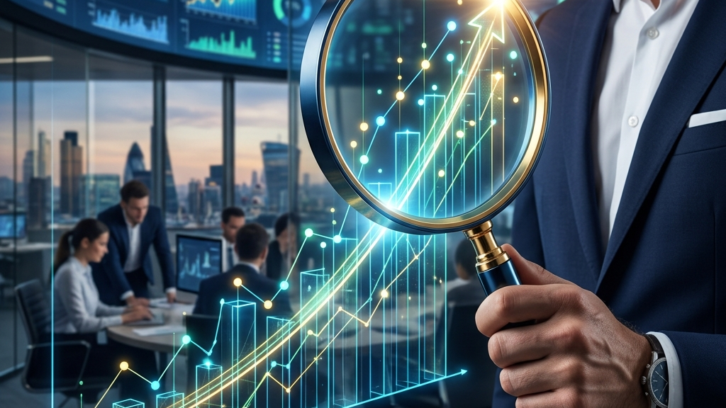 A glowing abstract upward financial chart merging with a search engine magnifying glass, symbolizing SEO revenue growth