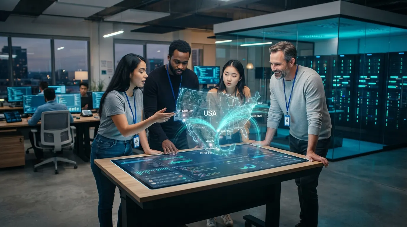 Diverse IT team analyzing a glowing, holographic network map of the USA on an interactive smart table in a modern server operations center.