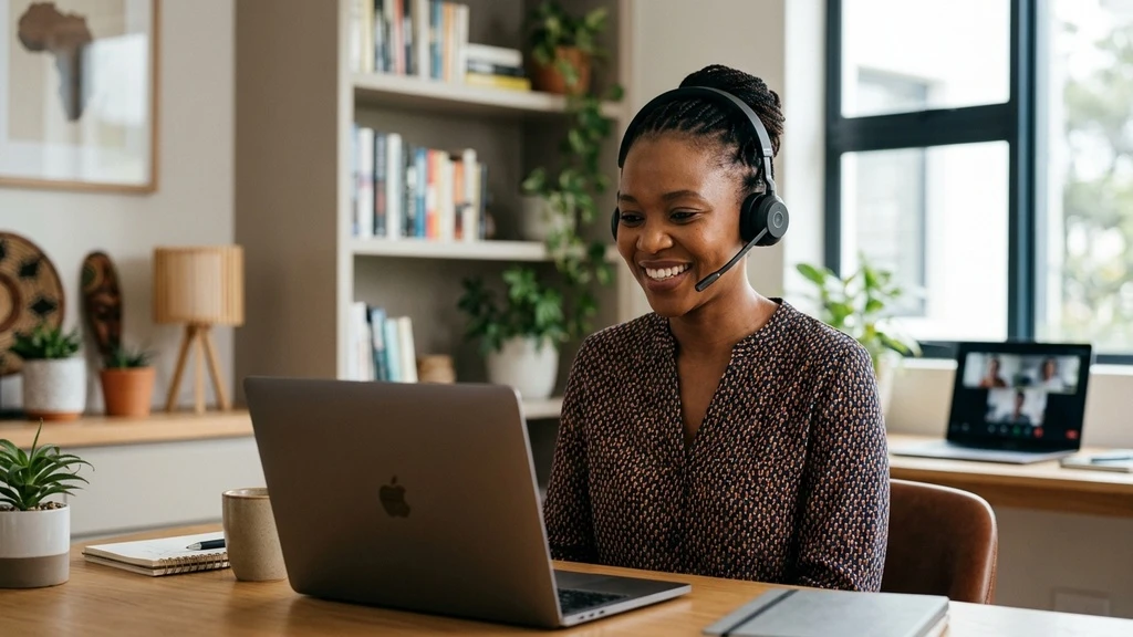 Friendly South African account manager wearing a headset on a video call