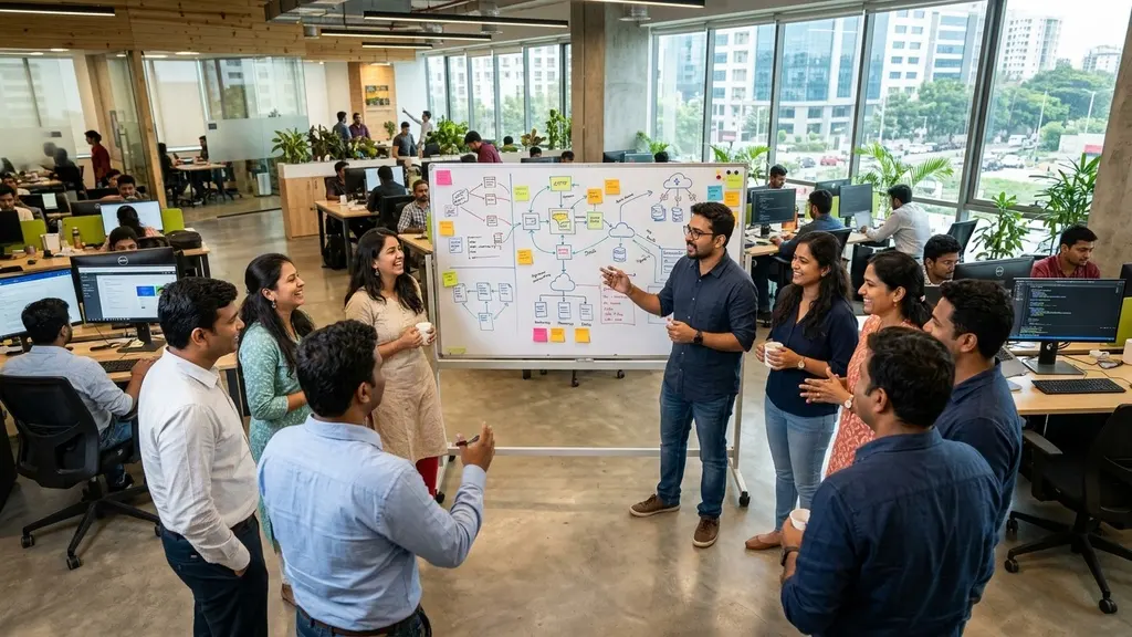 Agile team stand-up meeting with Indian tech professionals discussing architecture