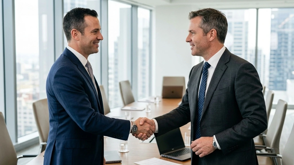 Two business professionals in tailored suits shaking hands in a corporate boardroom