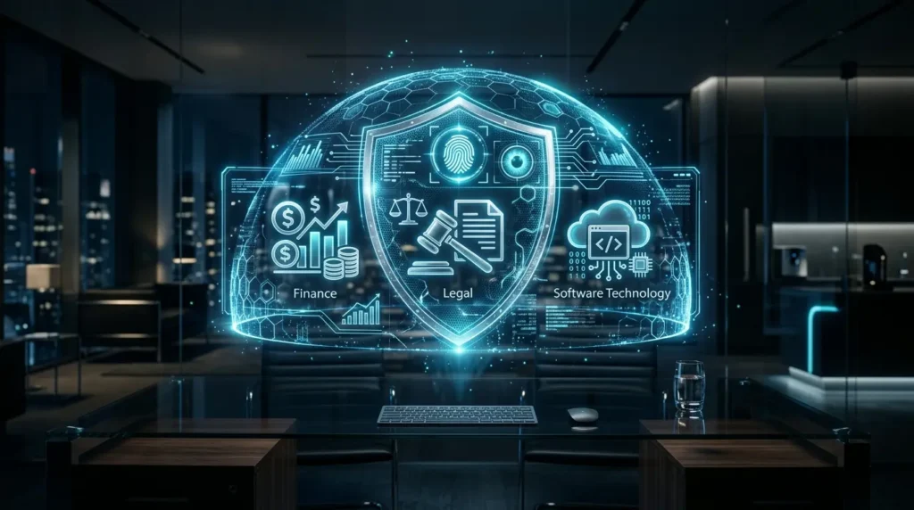 Digital dashboard showing abstract icons for finance, legal, and tech industries protected under a unified biometric security shield.