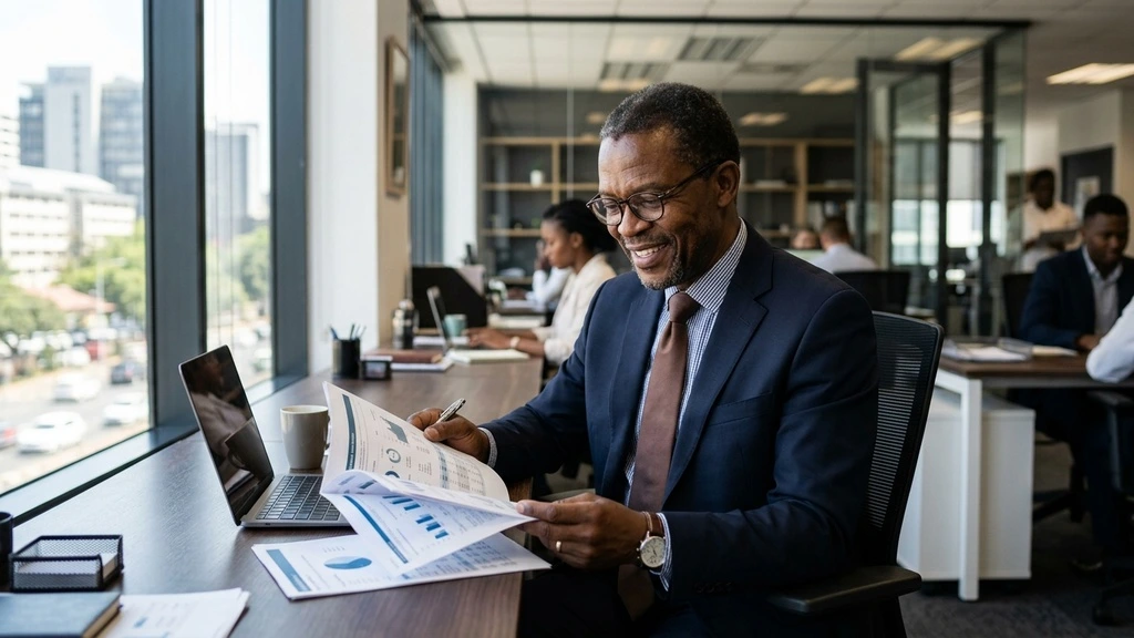 Experienced South African senior account manager reviewing financial reports in a modern of
