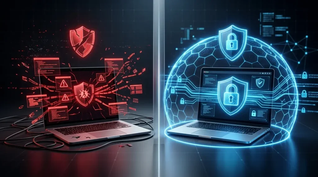 3D illustration comparing an unsecured, vulnerable laptop with a highly secure, encrypted digital workspace.