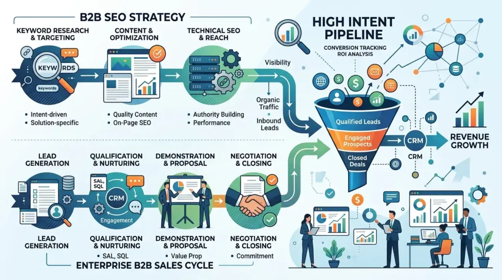B2B search engine optimization specialist mapping high-intent buyer journeys and commercial search queries to accelerate enterprise software sales cycles