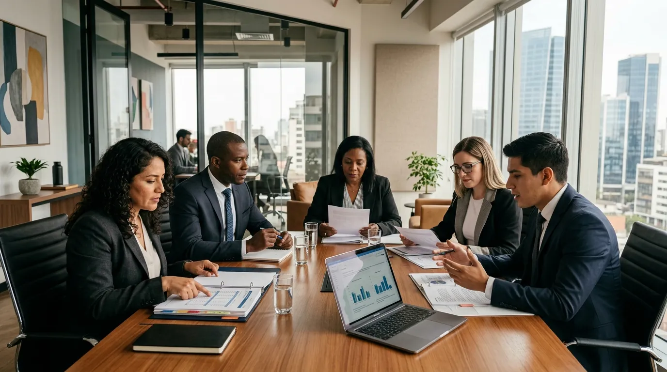 A diverse legal and HR executive team in a modern South American office reviewing compliance documents.