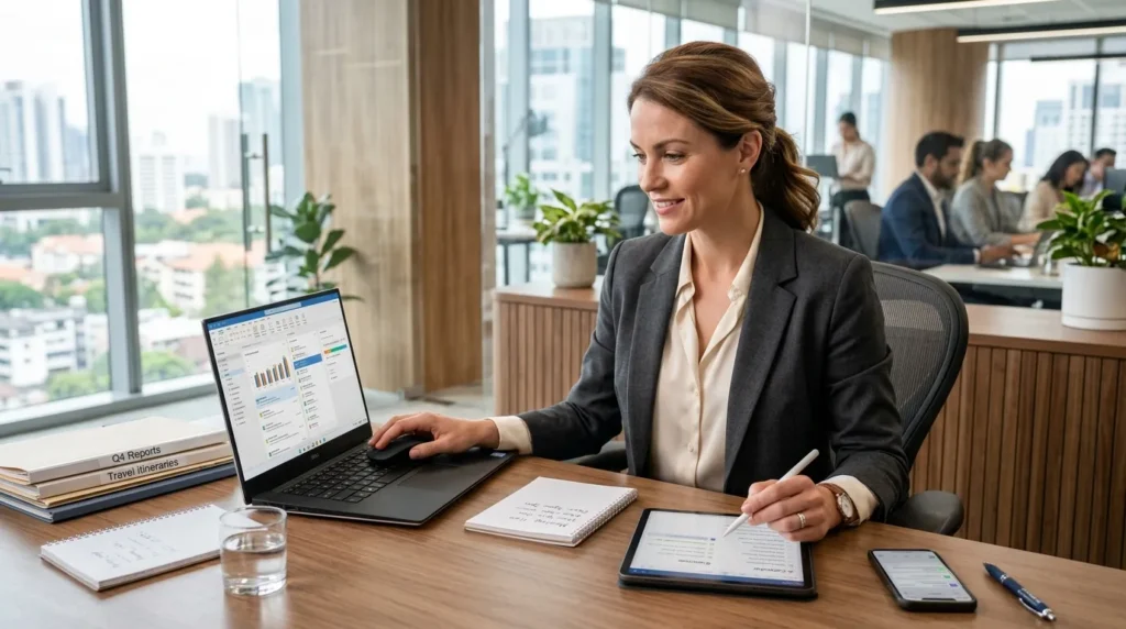 A highly organized Executive Assistant confidently managing tasks on a laptop and tablet in a bright office.