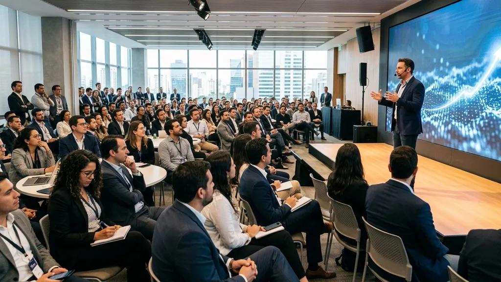 Executive presenting high-growth tech opportunities to international engineers at a global tech conference