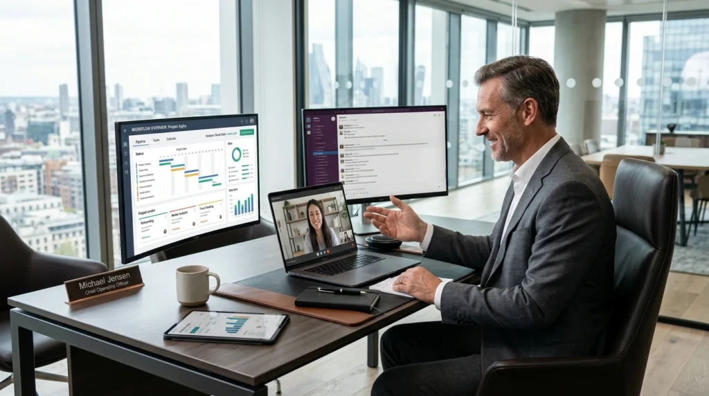 Executive delegating administrative workflows and calendar management to a dedicated virtual assistant to reclaim strategic time.