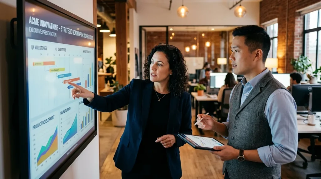 Tech startup founder and Chief of Staff collaborating on executive roadmap and strategic presentation in a modern office.