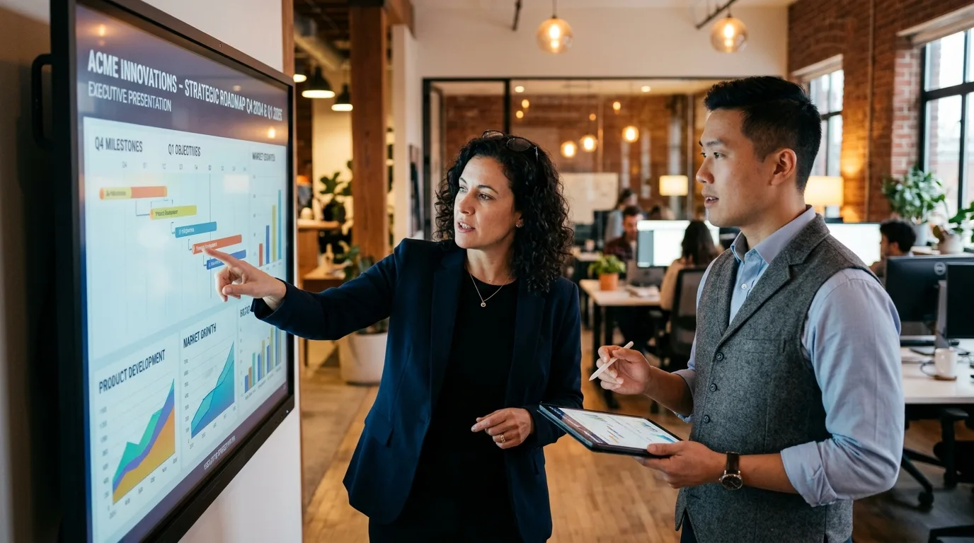 Tech startup founder and Chief of Staff collaborating on executive roadmap and strategic presentation in a modern office.