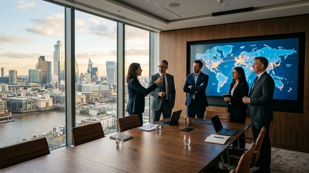 Corporate executives in a high-rise boardroom evaluating global talent distribution on a world map