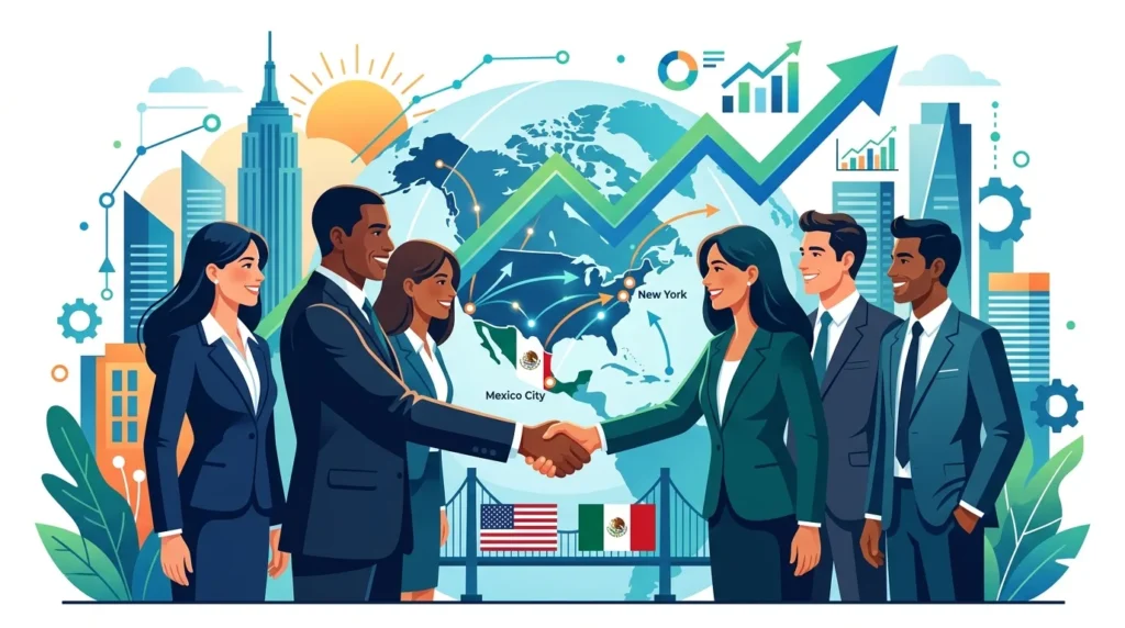 Bilingual corporate sales partnership between US and Mexican business teams expanding market share within the rapidly growing US Hispanic consumer sector