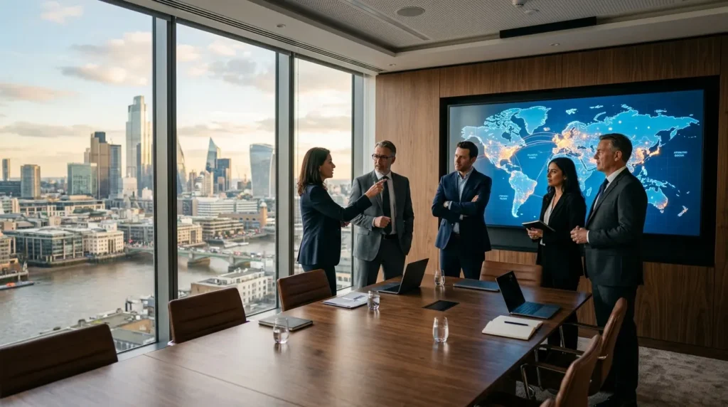 Senior executives discussing global talent strategy in a modern high-rise boardroom with a world map display.