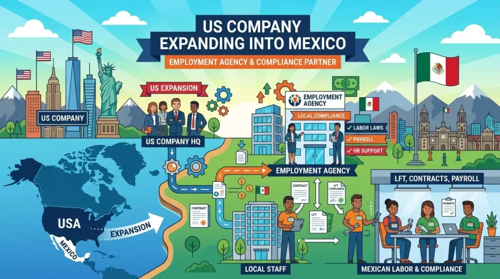 US corporate leaders partnering with an employment agency in Mexico to compliantly navigate Federal Labor Law and manage cross-border teams