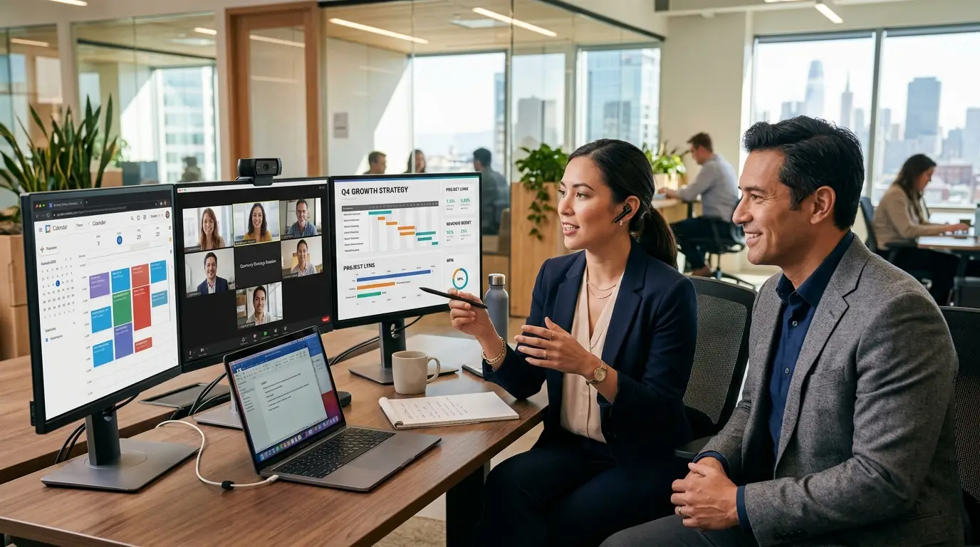 Modern executive assistant collaborating with a C-suite leader via video conference to manage executive operations and strategic workflows