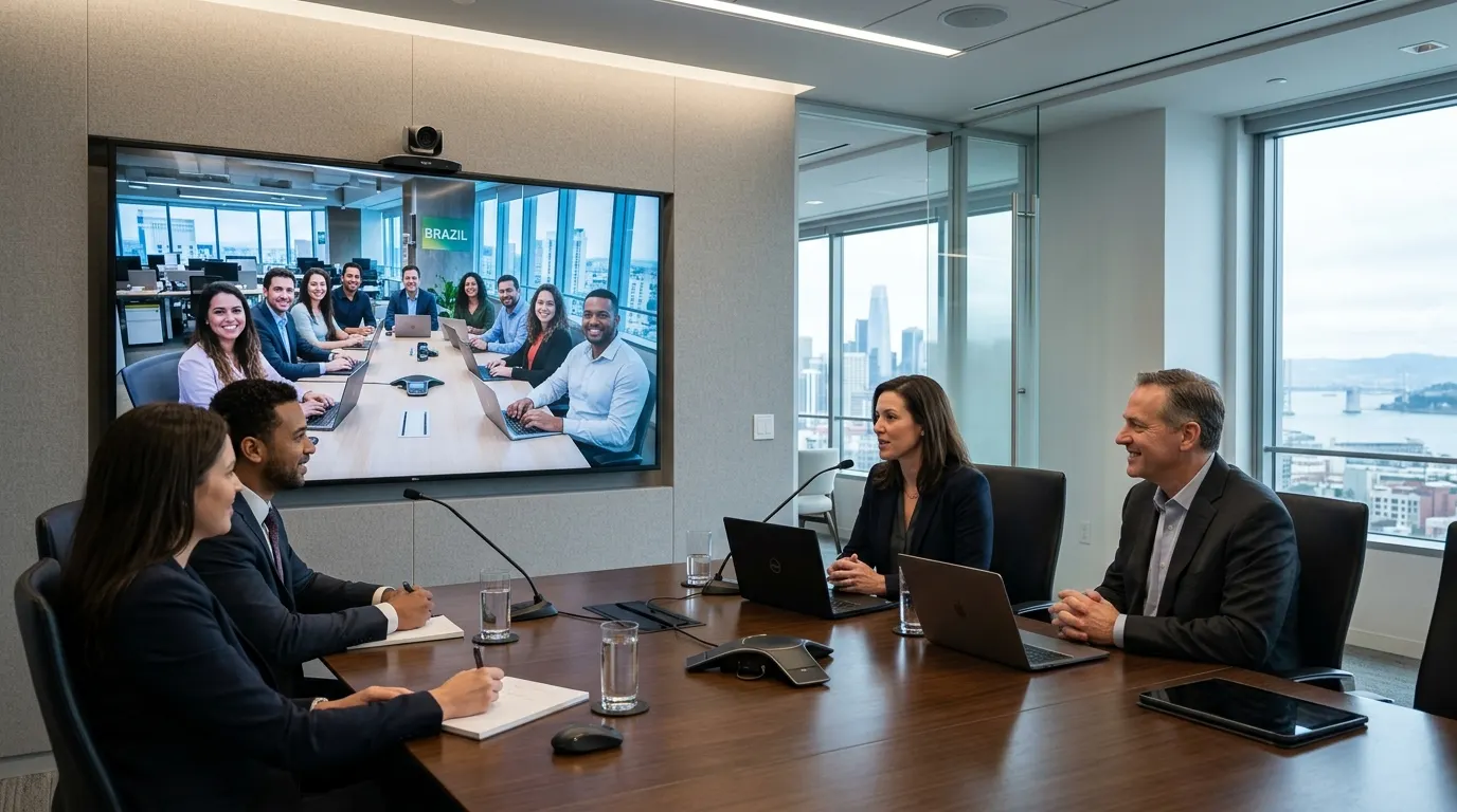 A modern high-tech conference room bridging a video call between US executives and a Brazilian tech team.