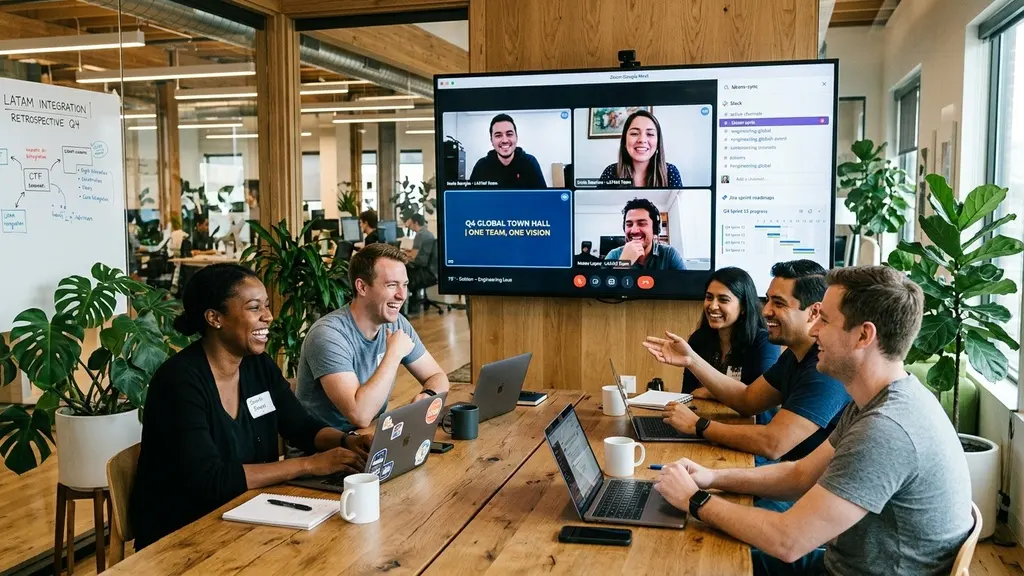 Diverse hybrid engineering and product team collaborating seamlessly across US headquarters and Latin American nearshore hubs as one unified company culture.