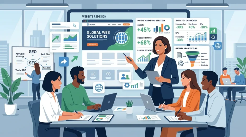 Senior SEO specialist collaborating with executive leadership and design teams to plan a search-optimized website redesign and protect organic keyword equity.
